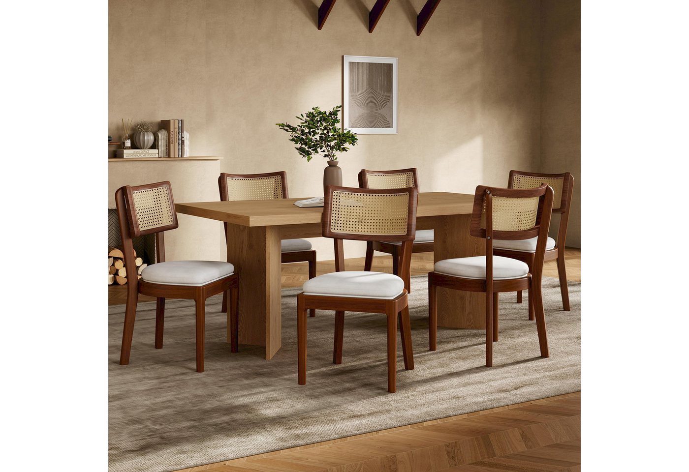 KLAM HOME Esszimmerstuhl Esszimmerstühle aus Massivholz mit Rattanlehne (Bequeme Sitzmöbel mit Samtkissen), Stilvolle Stühle für Essbereich, Wohnzimmer und Cafe von KLAM HOME
