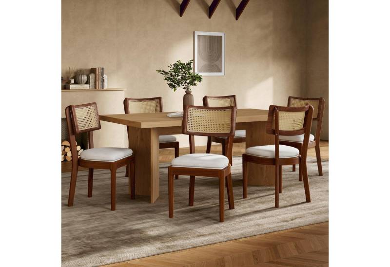 KLAM HOME Esszimmerstuhl Esszimmerstühle aus Massivholz mit Rattanlehne (Bequeme Sitzmöbel mit Samtkissen), Stilvolle Stühle für Essbereich, Wohnzimmer und Cafe von KLAM HOME