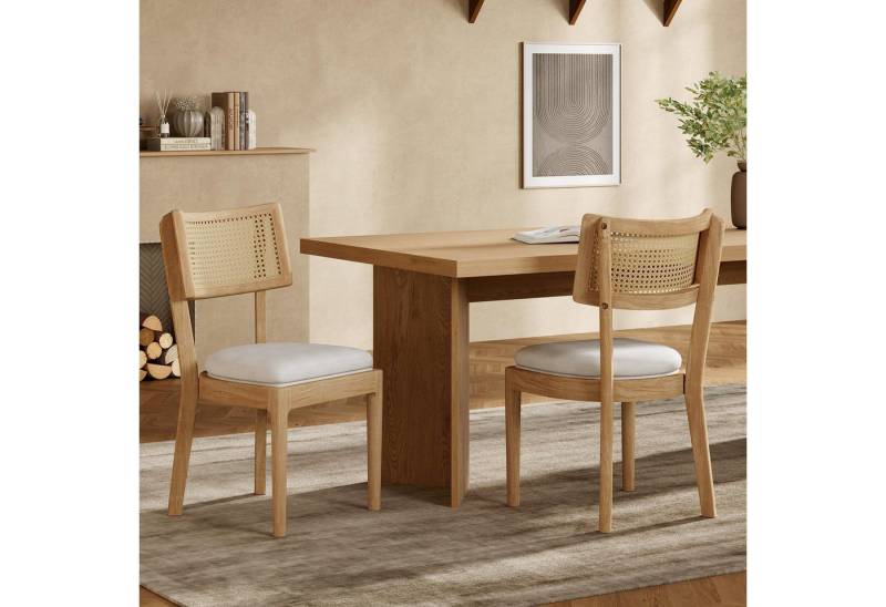 KLAM HOME Esszimmerstuhl Esszimmerstühle aus Massivholz mit Rattanlehne (Bequeme Sitzmöbel mit Samtkissen), Stilvolle Stühle für Essbereich, Wohnzimmer und Cafe von KLAM HOME