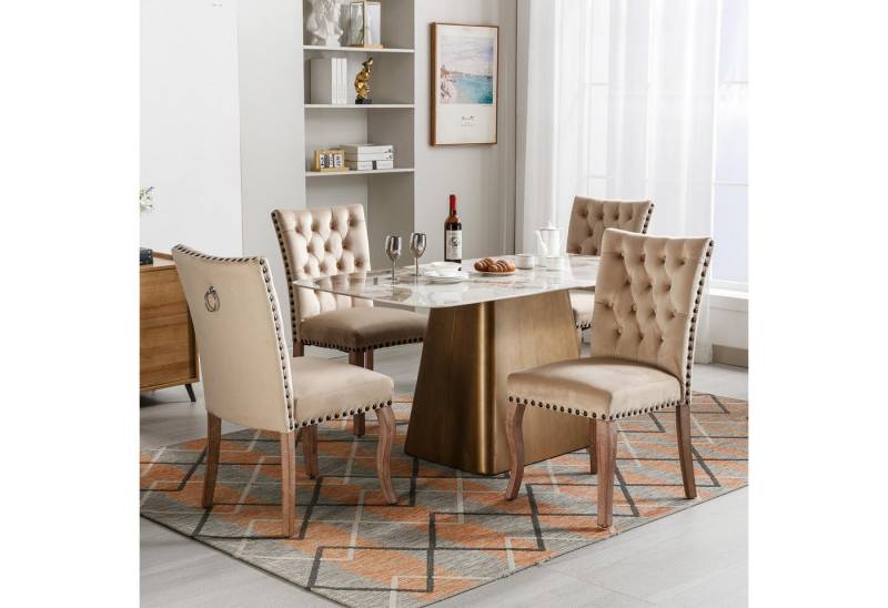 KLAM HOME Esszimmerstuhl Küchenstuhl mit einzigartigem Türklopfer auf der Rückseite, 2 St (Polsterstuhl mit Nagelkopfbesatz, Beinen aus Massivholz), Wohnzimmerstuhl Bezug aus Samt, Helles Kamel von KLAM HOME