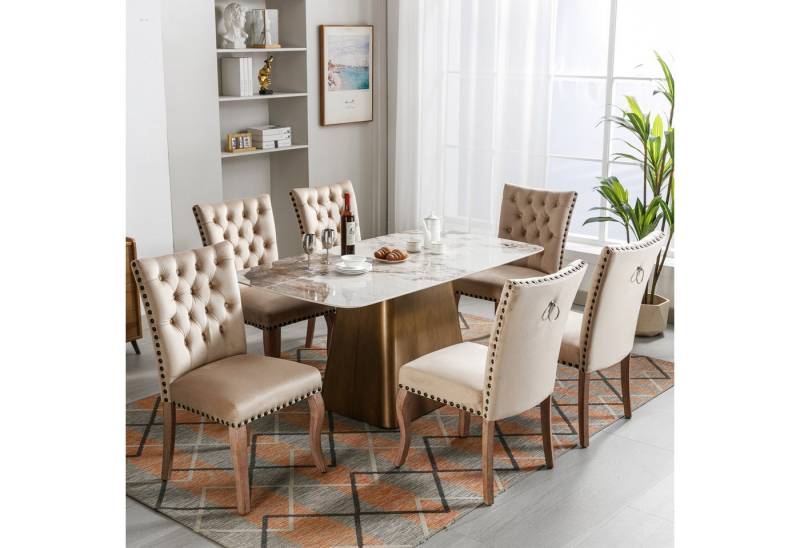 KLAM HOME Esszimmerstuhl Küchenstuhl mit einzigartigem Türklopfer auf der Rückseite, 2 St (Polsterstuhl mit Nagelkopfbesatz, Beinen aus Massivholz), Wohnzimmerstuhl Bezug aus Samt, Helles Kamel von KLAM HOME