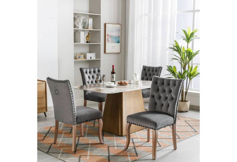 KLAM HOME Esszimmerstuhl Küchenstuhl mit einzigartigem Türklopfer auf der Rückseite, 2 St (Polsterstuhl mit Nagelkopfbesatz, Beinen aus Massivholz), Wohnzimmerstuhl Bezug aus Samt, Helles Kamel von KLAM HOME