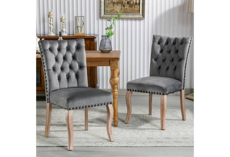 KLAM HOME Esszimmerstuhl Küchenstuhl mit einzigartigem Türklopfer auf der Rückseite, 2 St (Polsterstuhl mit Nagelkopfbesatz, Beinen aus Massivholz), Wohnzimmerstuhl Bezug aus Samt, Helles Kamel von KLAM HOME