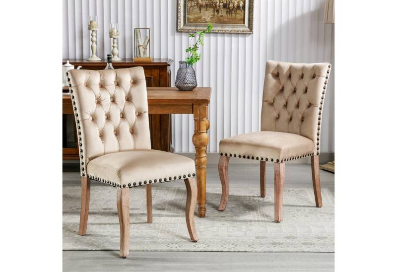 KLAM HOME Esszimmerstuhl Küchenstuhl mit einzigartigem Türklopfer auf der Rückseite, 2 St (Polsterstuhl mit Nagelkopfbesatz, Beinen aus Massivholz), Wohnzimmerstuhl Bezug aus Samt, Helles Kamel von KLAM HOME