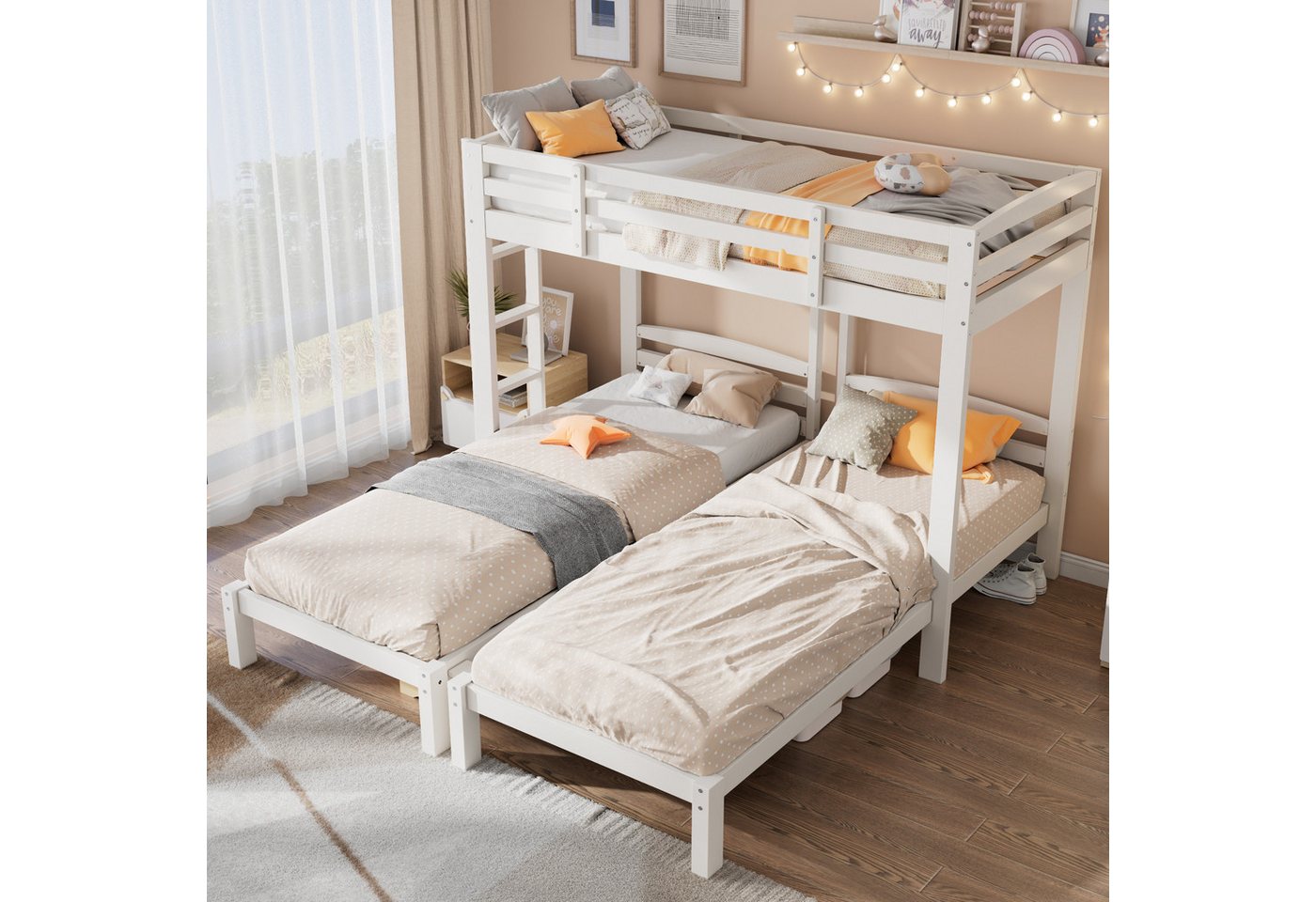 KLAM HOME Etagenbett Dreierbett, Dreifaches Etagenbett mit Seitenleiter, Weiß (90x200cm), Mit Seitenleiter für Kinder und Jugendliche von KLAM HOME