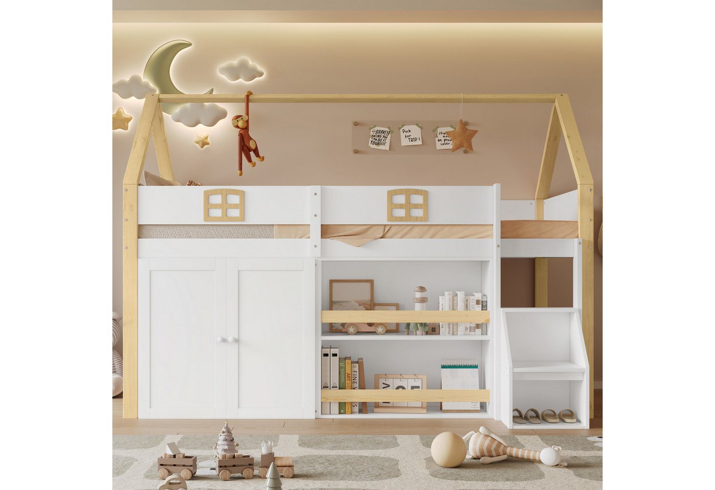 KLAM HOME Etagenbett Holzbett, Hochbett, mit Aufbewahrungsleiter, Regale und Kleiderschrank (Reichlich Stauraum, Dach und Fenster, Robuste Fallschutzzäune), Weiß+Natur, 90x200cm, für Kinder und Jugendliche von KLAM HOME