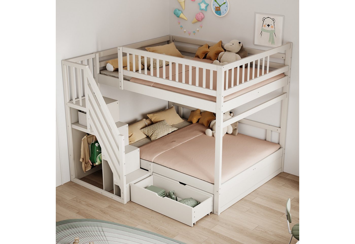 KLAM HOME Etagenbett Massivholz-Etagenbett 140*200cm, Sicherheitsleiter mit Stauraum (Mit Hohem Sicherheitsgitter, Mit Lattenrost, Mit Stauschubladen), Kinderbett Junior Doppelbett für Jugendliche und Gäste, Weiß von KLAM HOME