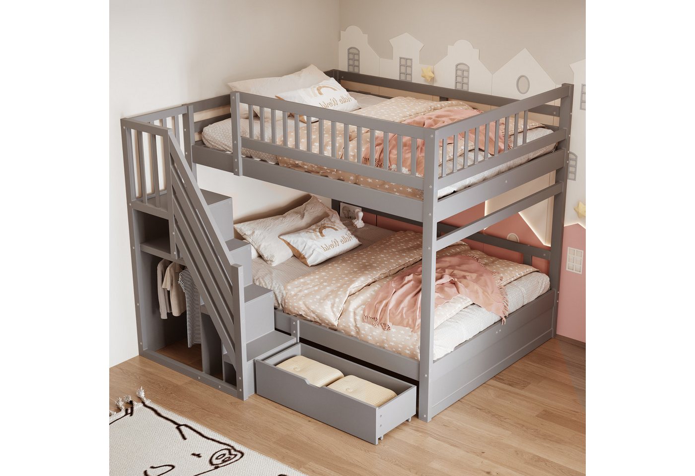 KLAM HOME Etagenbett Massivholz-Etagenbett 140*200cm, Sicherheitsleiter mit Stauraum (Mit Hohem Sicherheitsgitter, Mit Lattenrost, Mit Stauschubladen), Kinderbett Junior Doppelbett für Jugendliche und Gäste, Weiß von KLAM HOME