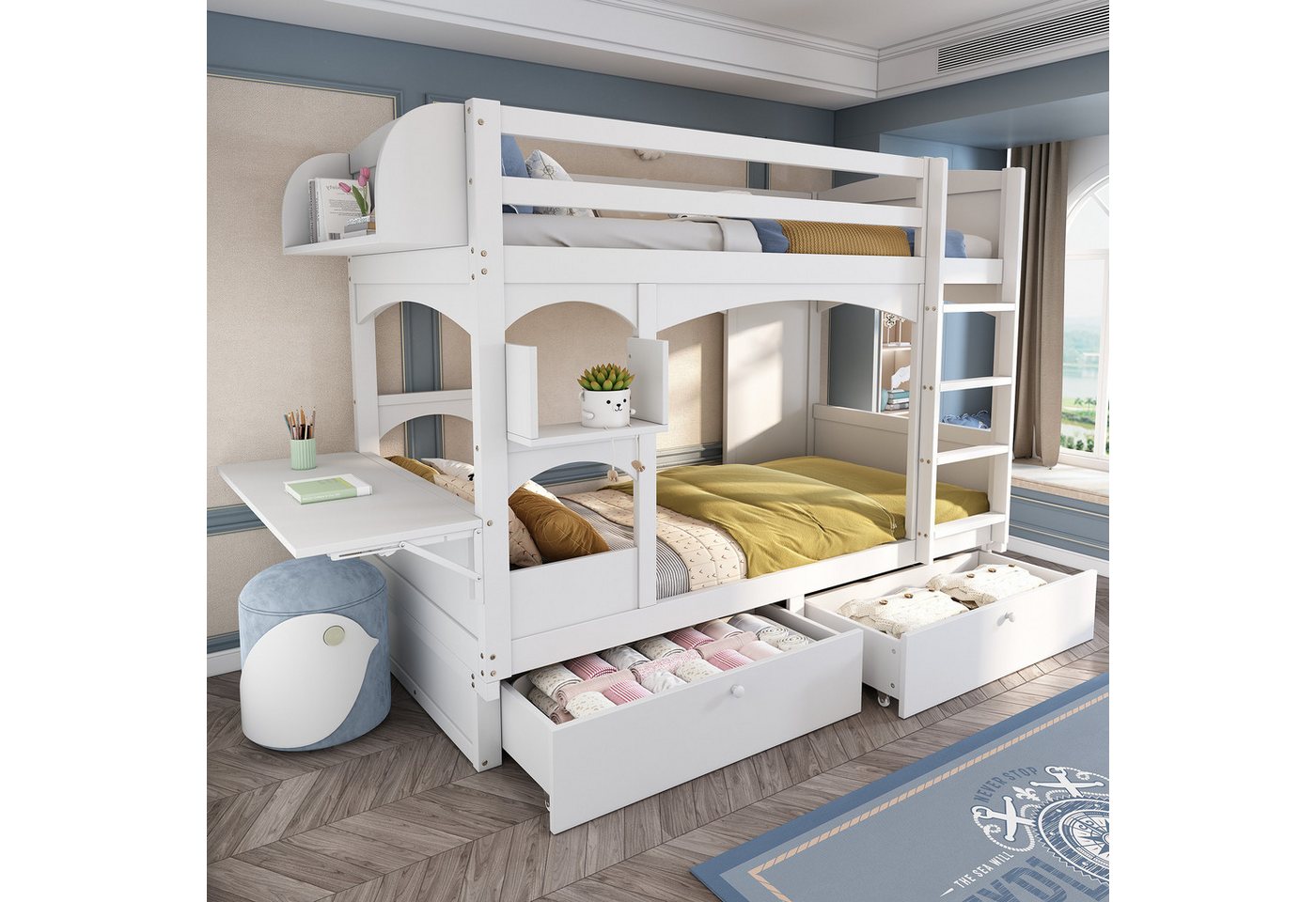 KLAM HOME Etagenbett Multifunktionales Kinder-Etagenbett mit Schreibtisch (Platzsparendes Hochbett mit Schubladen und Regal), Massivholz-Kinderzimmerbett in Weiß 90×200 cm von KLAM HOME