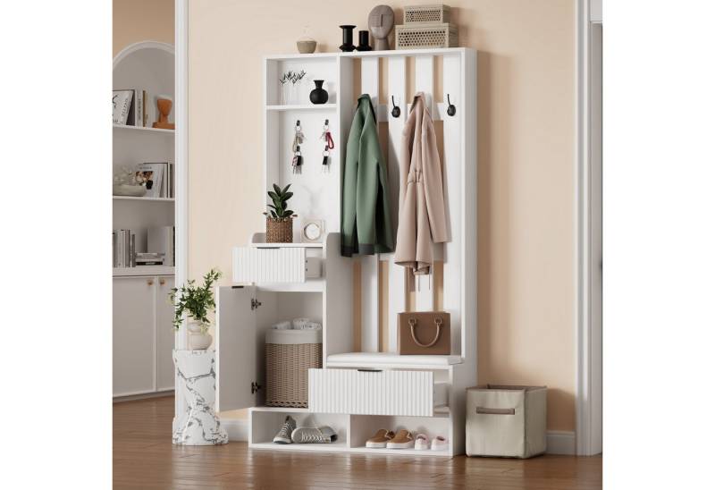 KLAM HOME Garderoben-Set 100*30*180cm Garderobenständer 6-in-1, Mit Schubladen und Schränken, (Kompaktgarderoben mit 8 Haken, Schuhbank und Ablagen), Schuhschrank mit Kippschutz für Flur Wohnzimmer Eingang, Weiß von KLAM HOME