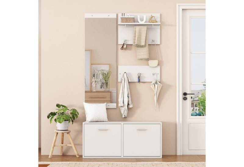 KLAM HOME Garderoben-Set 90*30*41.5cm Garderoben-Set 4-teilig mit Spiegel, (Kompaktgarderobe mit 6 Kleiderhaken, 2 Hutablage und Schuhschrank), Flur Garderobenständer Kleiderständer Set, Flurgarderoben Set von KLAM HOME