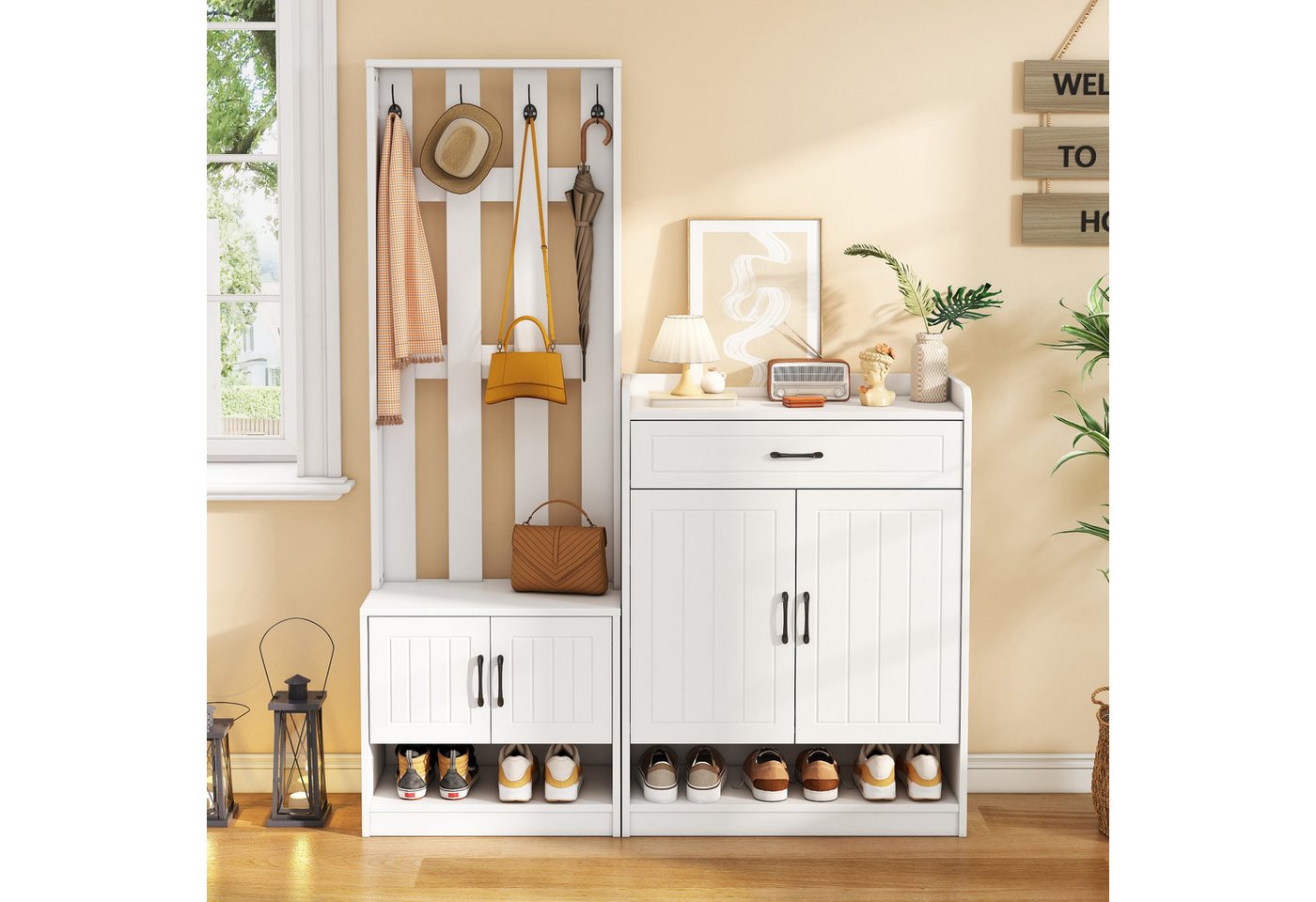 KLAM HOME Garderoben-Set Flurmöbel, Flurtrockenständer, Flurgarderobe, Schuhwechsler-Set, (Eingangsschrank, Kleiderschrank, Wandhängeschrank, 1-St), Garderobenständer mit Schuhbank, 140.6 x 32 x 180 cm, Weiß von KLAM HOME