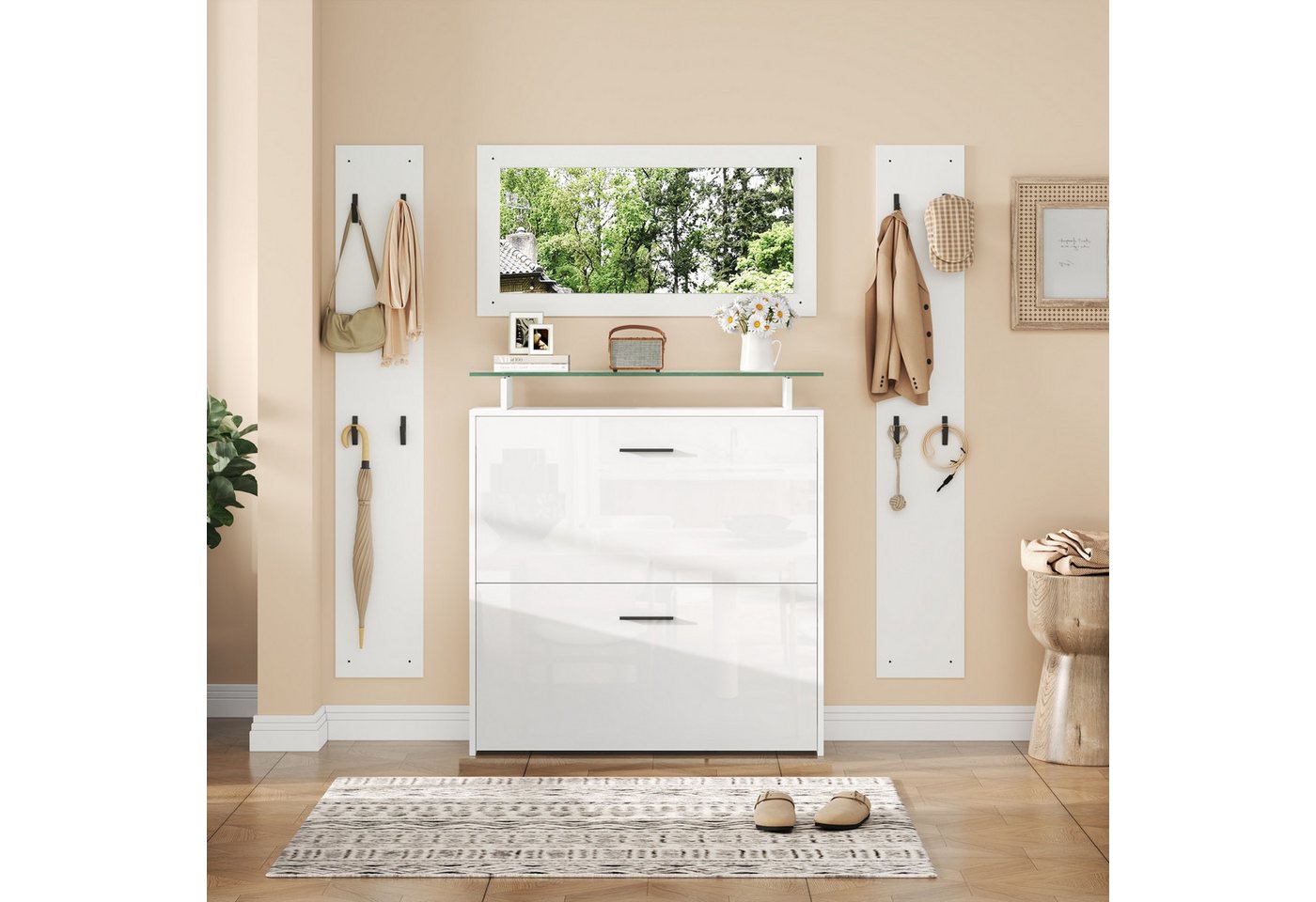 KLAM HOME Garderoben-Set Garderoben-Set 4-teilig mit Spiegel und Schuhschrank, (Platzsparende Flurgarderobe mit 8 Haken), Kompaktes Organisationsset für Eingangsbereich und Diele von KLAM HOME