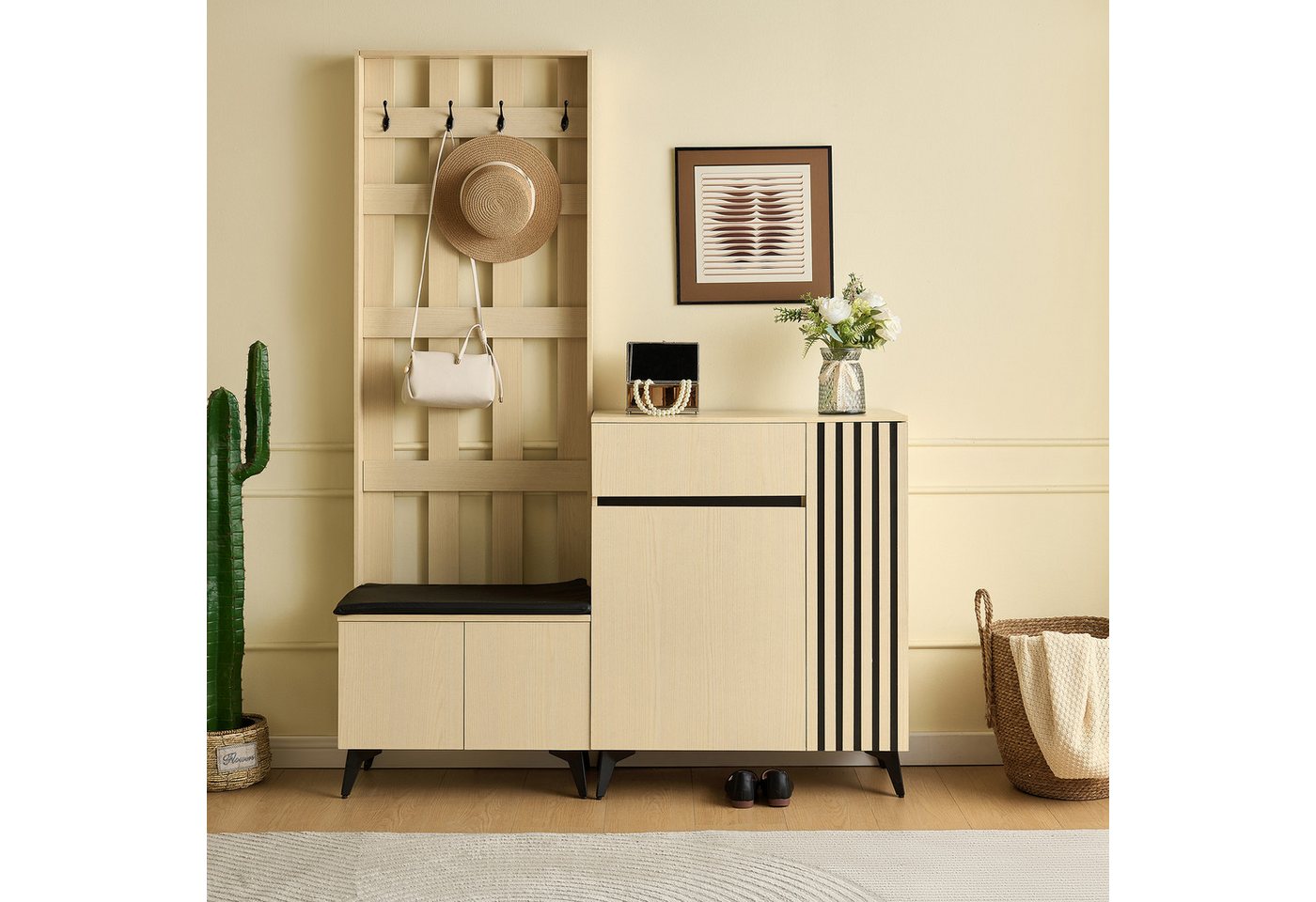 KLAM HOME Garderoben-Set Garderoben-Set mit Sitzbank & Schuhschrank, Flurmöbel Set aus MDF, (Garderobenbank mit Kleiderhaken, Schuhschrank mit Schublade), für Flur & Eingangsbereich von KLAM HOME