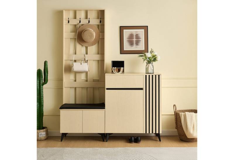 KLAM HOME Garderoben-Set Garderoben-Set mit Sitzbank & Schuhschrank, Flurmöbel Set aus MDF, (Garderobenbank mit Kleiderhaken, Schuhschrank mit Schublade), für Flur & Eingangsbereich von KLAM HOME