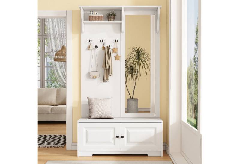 KLAM HOME Garderoben-Set Garderoben-Set mit Spiegel & Sitzbank für Flur, (5 Kleiderhaken mit 2 Aufbewahrungsschränken), Kompakte Flurgarderobe in Weiß 100x40x180cm von KLAM HOME