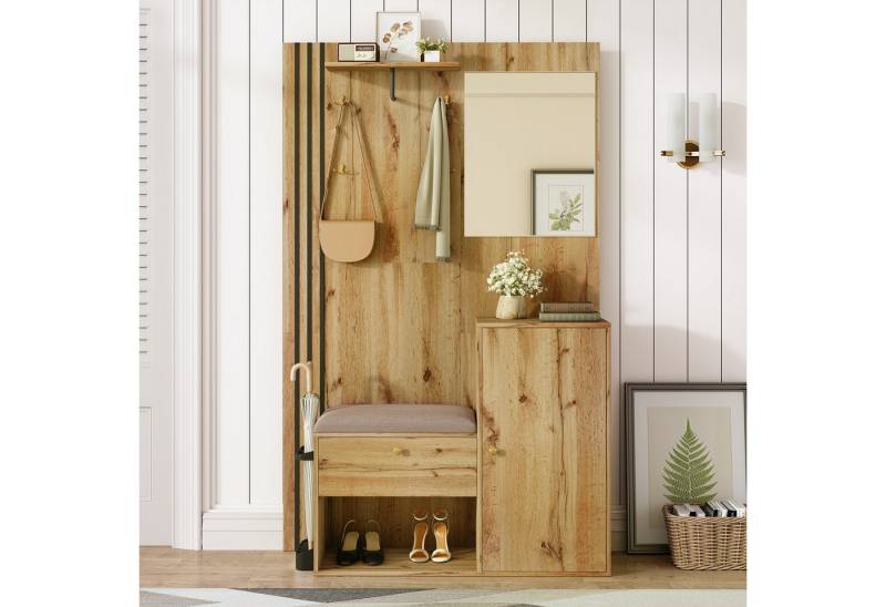 KLAM HOME Garderoben-Set Garderobenset Kompaktgarderobe mit Spiegel und Sitzbank, (Flurschrank mit Schuhstorage und Kleiderstange), Multifunktionale Wohnwand für Diele 115x185cm in Holzoptik von KLAM HOME