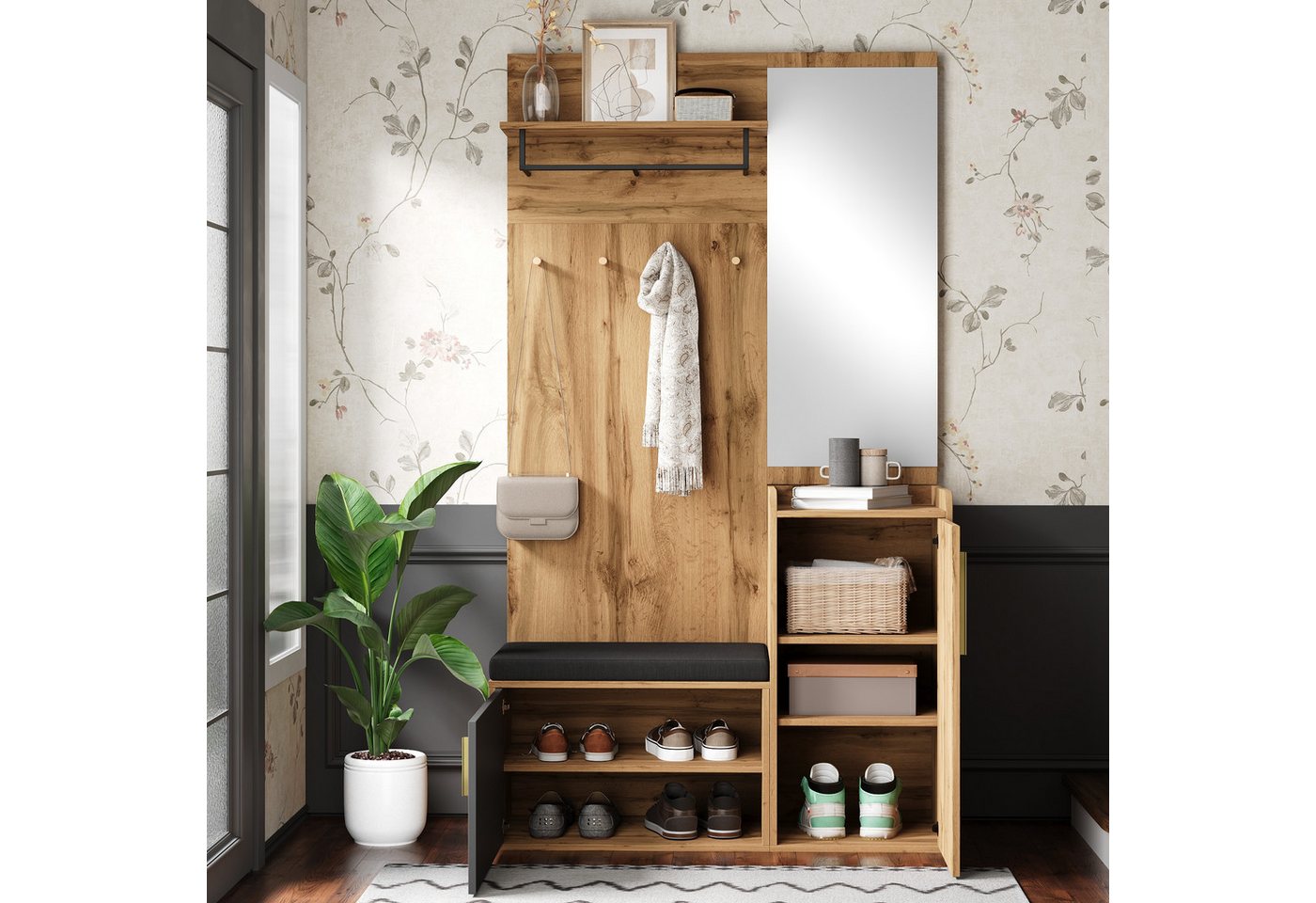 KLAM HOME Garderoben-Set Garderobenset mit Spiegel, Sitzbank und Schuhschrank, (Elegante Kompaktgarderobe in Holzoptik mit Stauraumsystem), Multifunktionales Flurmöbel für moderne Wohnräume von KLAM HOME