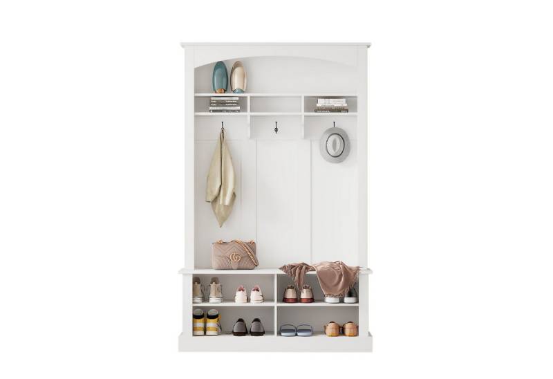 KLAM HOME Garderoben-Set Garderobenständer Garderobe mit Bank und Schuhablage H190/B120/T40 cm, (Mit Kippsicherung 3 hängenden Haken & offenem Stauraum), Wandgarderobe für Flur Diele Wohnzimmer von KLAM HOME