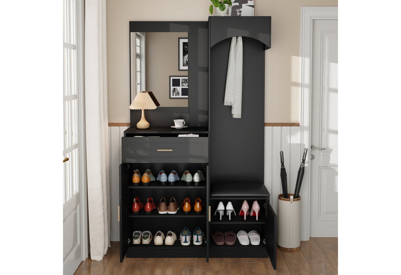 KLAM HOME Garderoben-Set Moderne Kompaktgarderobe mit Spiegel, (Multifunktionaler Garderobenschrank und Schuhkombination), Platzsparender Eingangsschrank mit Sitzbank von KLAM HOME