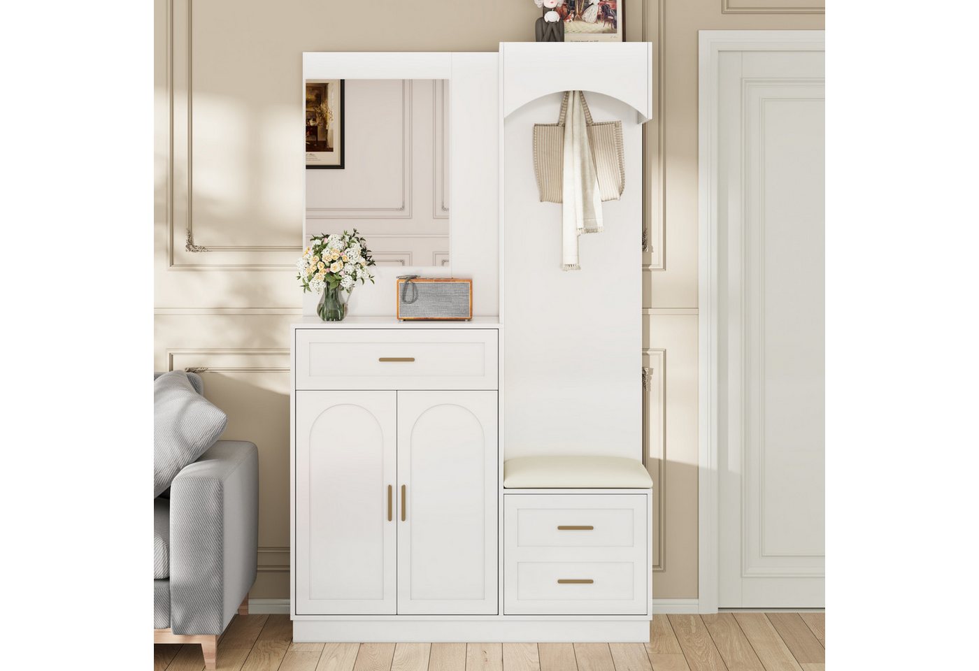 KLAM HOME Garderoben-Set Moderne Kompaktgarderobe mit Spiegel, (Multifunktionaler Garderobenschrank und Schuhkombination), Platzsparender Eingangsschrank mit Sitzbank von KLAM HOME