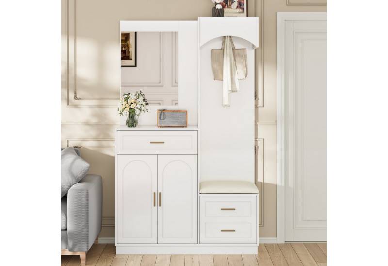 KLAM HOME Garderoben-Set Moderne Kompaktgarderobe mit Spiegel, (Multifunktionaler Garderobenschrank und Schuhkombination), Platzsparender Eingangsschrank mit Sitzbank von KLAM HOME