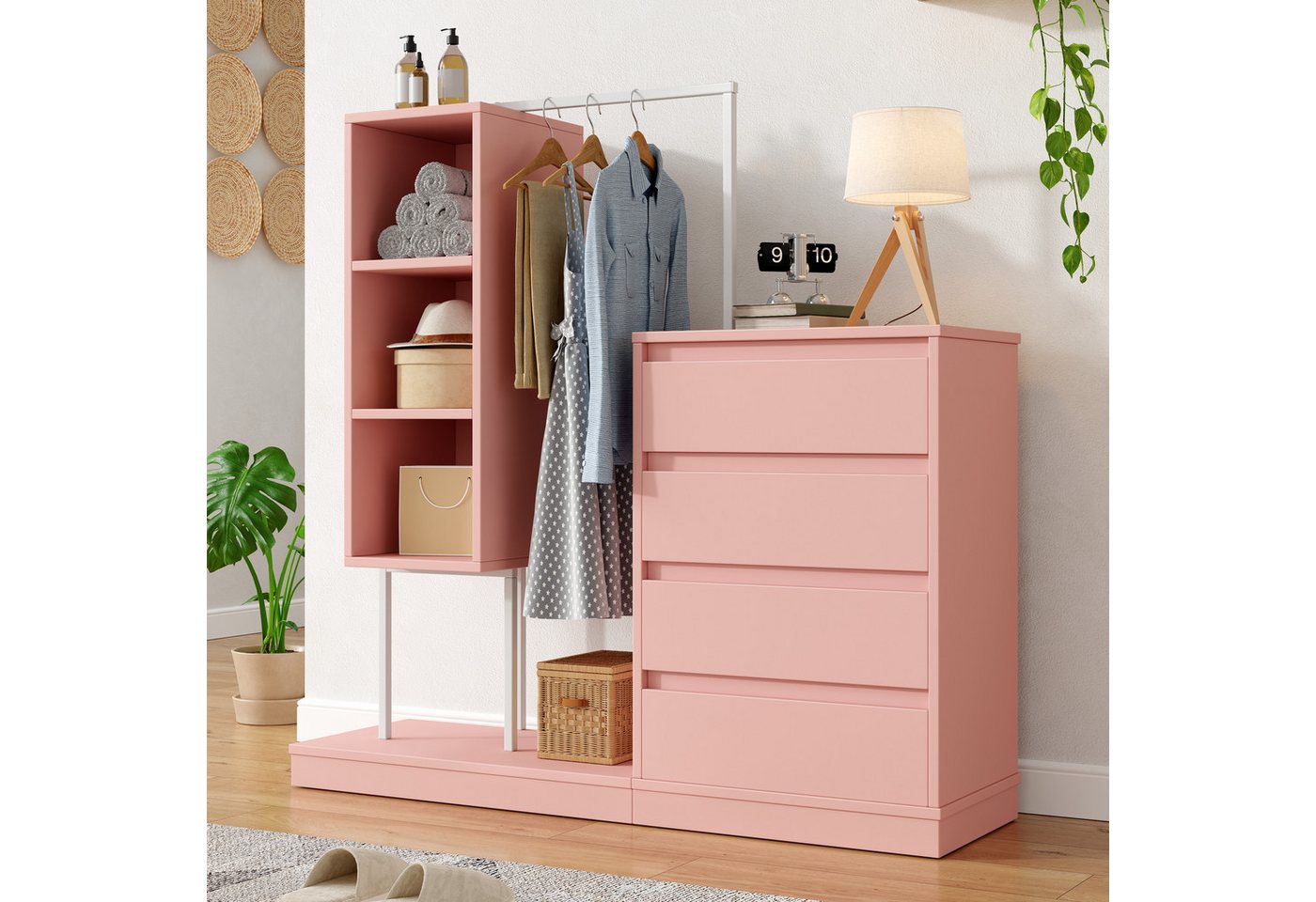 KLAM HOME Garderoben-Set Schubladenschrank, Kleiderschrank-Set, Rosa Kleiderschrank, Kippsicherung, mit Kleiderstange, offene Fächer, Rosa von KLAM HOME