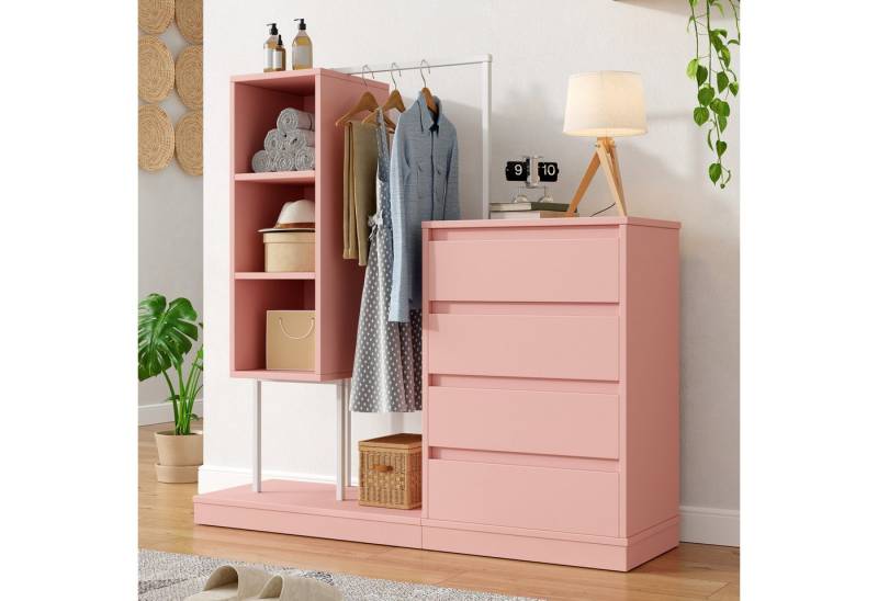 KLAM HOME Garderoben-Set Schubladenschrank, Kleiderschrank-Set, Rosa Kleiderschrank, Kippsicherung, mit Kleiderstange, offene Fächer, Rosa von KLAM HOME