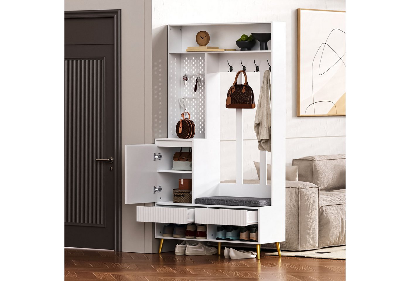 KLAM HOME Garderoben-Set Wandgarderobe, Flurgarderobe Set mit Schuhbank,100Lx35Bx180H cm, Garderoben Set mit 4 Kleiderhaken, zwei Schubladen und 1 Türen KLAM HOME Garderoben-Set Wandgarderobe, Flurgarderobe Set mit Schuhbank,100Lx35Bx180H cm, Garderoben Set mit 4 Kleiderhaken, zwei Schubladen und 1 Türen von KLAM HOME