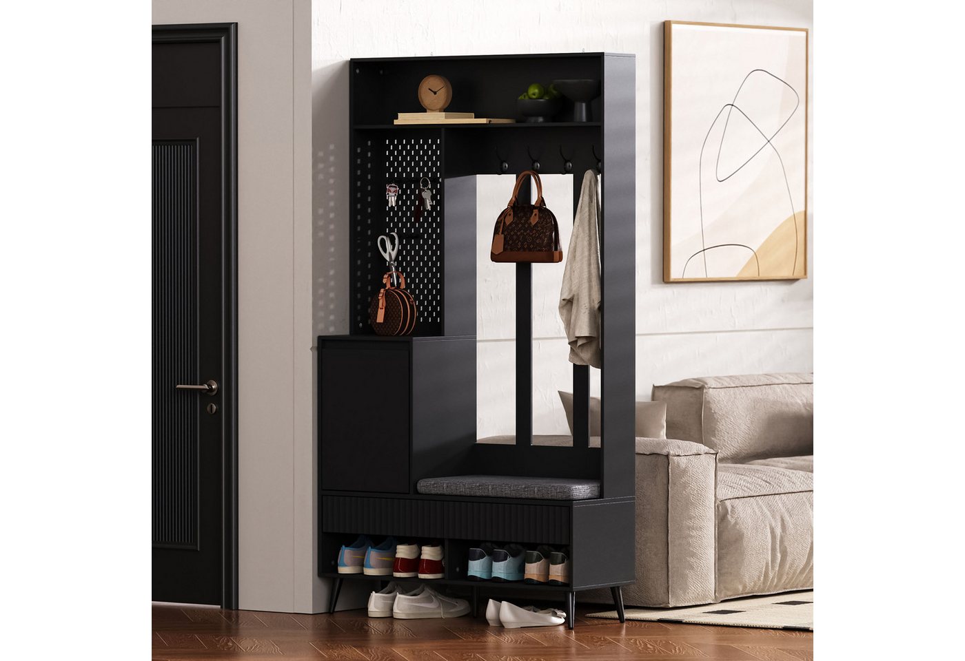 KLAM HOME Garderoben-Set Wandgarderobe, Flurgarderobe Set mit Schuhbank,100Lx35Bx180H cm, Garderoben Set mit 4 Kleiderhaken, zwei Schubladen und 1 Türen KLAM HOME Garderoben-Set Wandgarderobe, Flurgarderobe Set mit Schuhbank,100Lx35Bx180H cm, Garderoben Set mit 4 Kleiderhaken, zwei Schubladen und 1 Türen von KLAM HOME