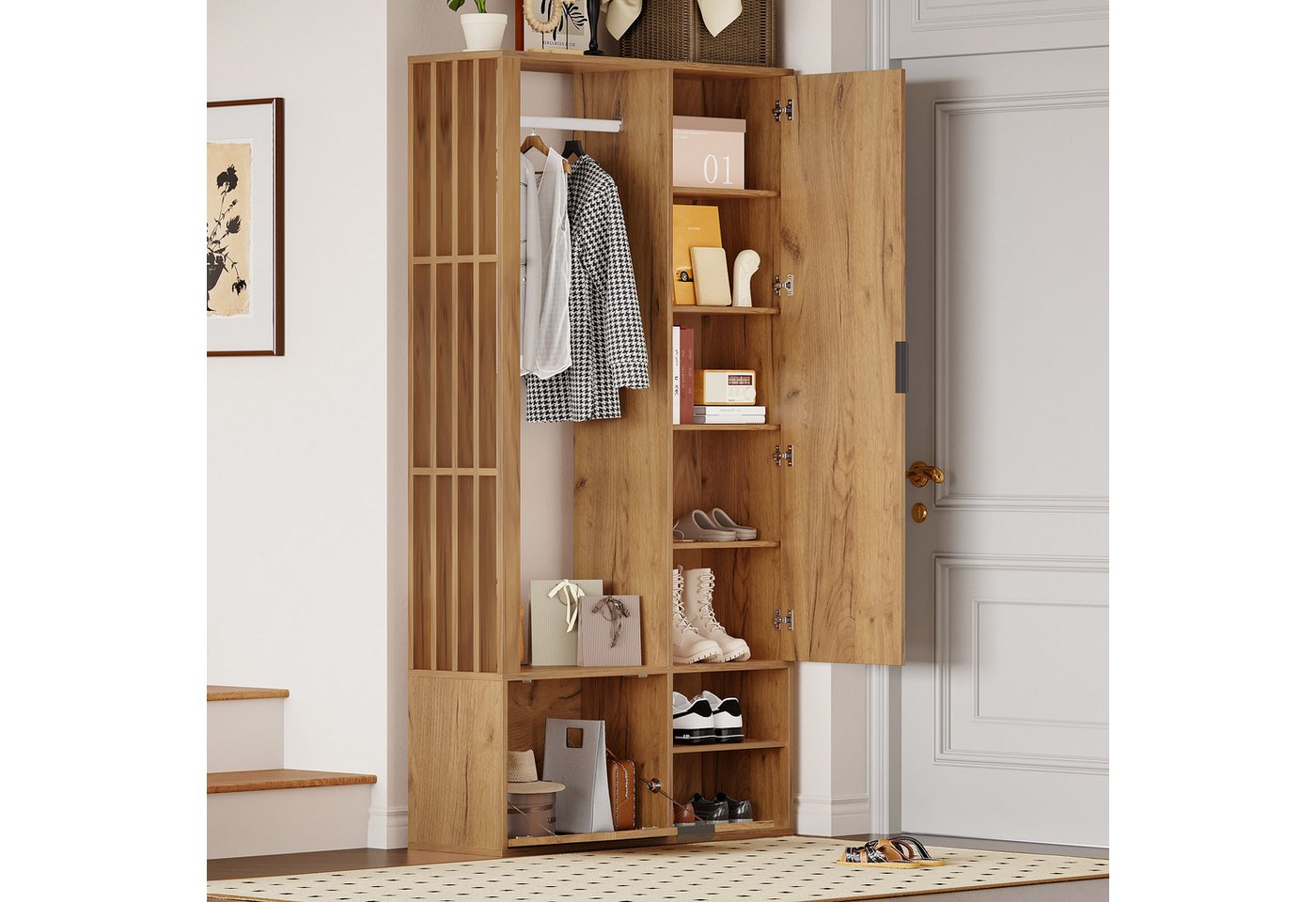 KLAM HOME Garderobenschrank 100*33*190cm garderobenschränke mit flur, 6-in-1-Eingangsschrank (zum Aufhängen von Mänteln, Flurschrank mit Wäscheständer, Holzfarbe) Garderobenschrank und Spiegel, Breite 100 cm, Schrank mit unterer Tür von KLAM HOME