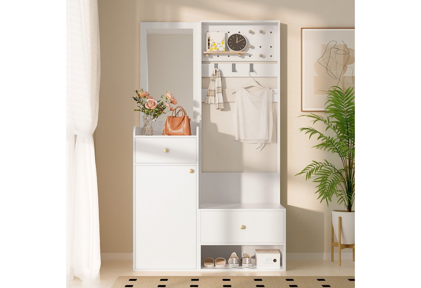 KLAM HOME Garderobenschrank Kompaktgarderobe mit Spiegel - Praktische Lösung für Eingangsbereich (Multifunktionsregal mit verstellbaren Haken und geräumigen Regalen) Elegantes Aufbewahrungsregal in Weiß 105cm für Schuhe & Mäntel von KLAM HOME