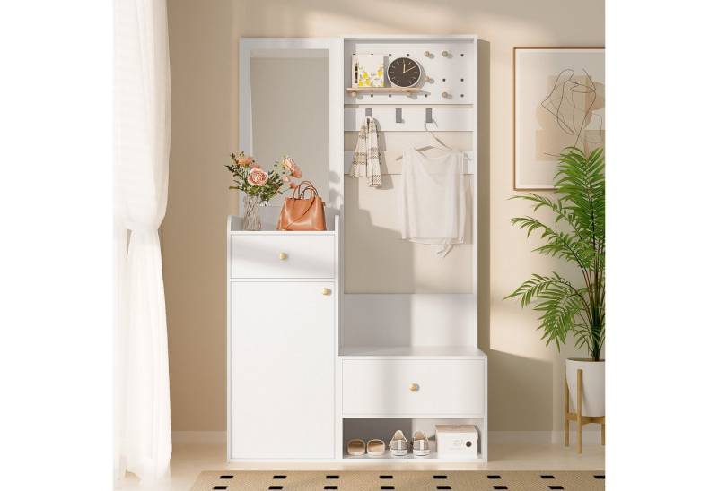 KLAM HOME Garderobenschrank Kompaktgarderobe mit Spiegel - Praktische Lösung für Eingangsbereich (Multifunktionsregal mit verstellbaren Haken und geräumigen Regalen) Elegantes Aufbewahrungsregal in Weiß 105cm für Schuhe & Mäntel von KLAM HOME