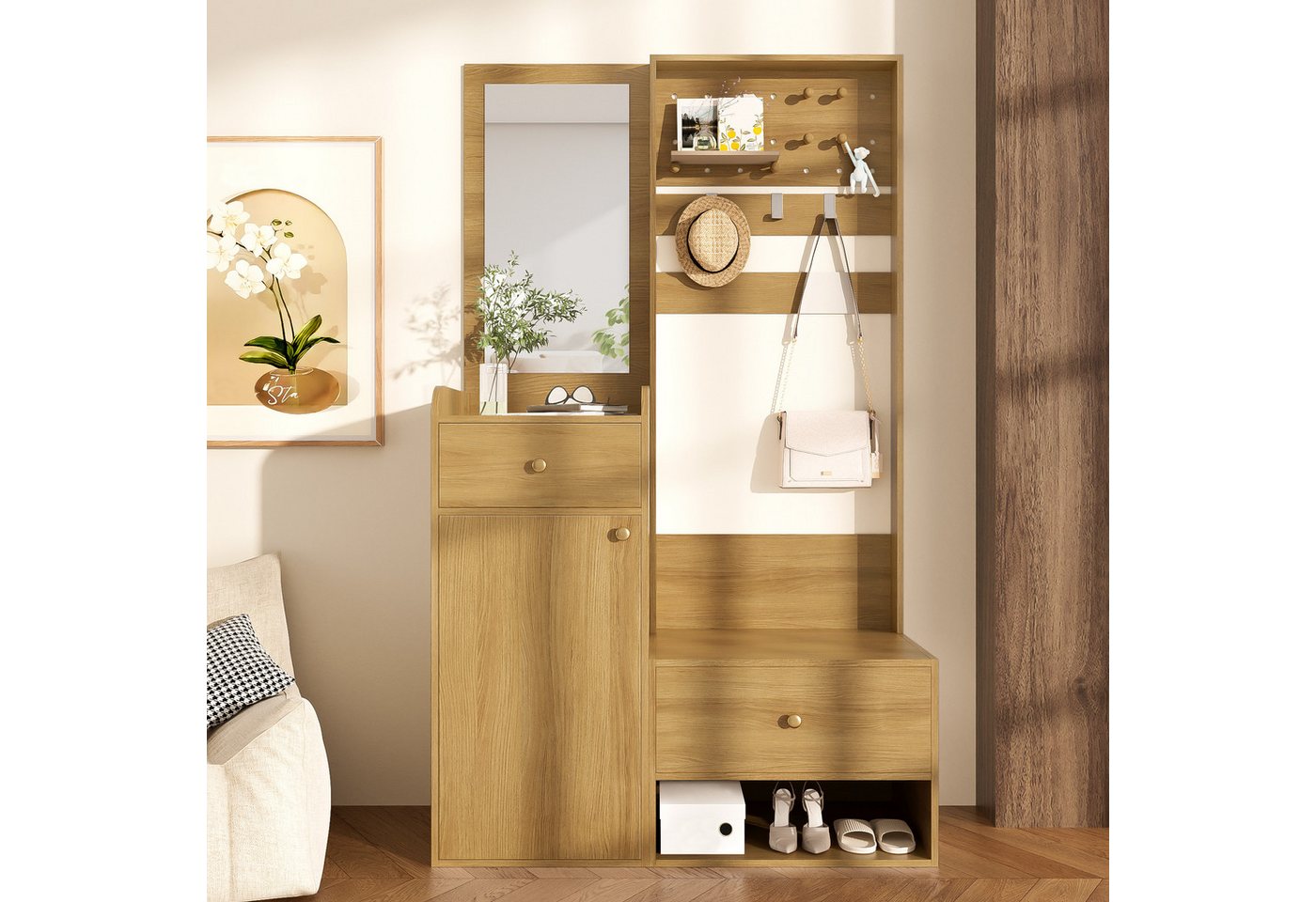 KLAM HOME Garderobenschrank Kompaktgarderobe mit Spiegel - Praktische Lösung für Eingangsbereich (Multifunktionsregal mit verstellbaren Haken und geräumigen Regalen) Elegantes Aufbewahrungsregal in Weiß 105cm für Schuhe & Mäntel von KLAM HOME