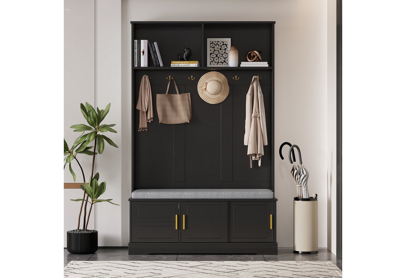 KLAM HOME Garderobenständer Garderobenständer mit Schuhbank, Garderobe, freistehend, platzsparend, (mit 6 Dreifach-Haken, 120×40×191cm), für Eingangsbereich,Flur, Weiß von KLAM HOME
