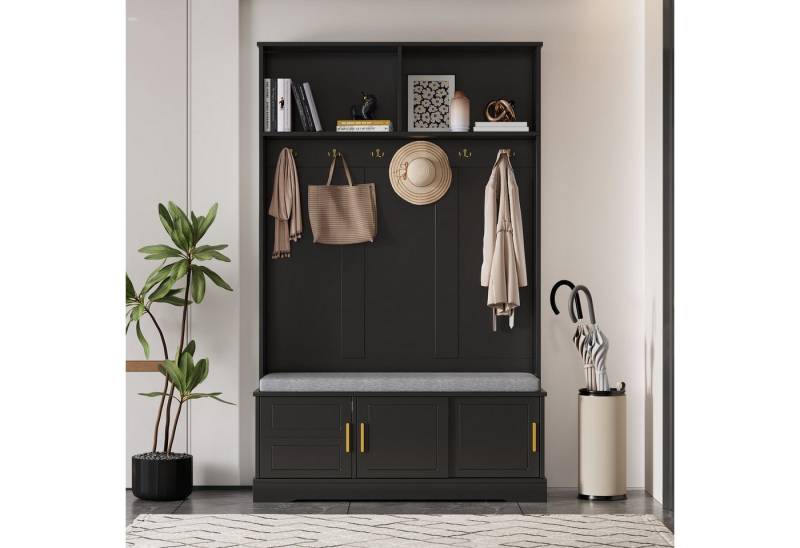 KLAM HOME Garderobenständer Garderobenständer mit Schuhbank, Garderobe, freistehend, platzsparend, (mit 6 Dreifach-Haken, 120×40×191cm), für Eingangsbereich,Flur, Weiß von KLAM HOME