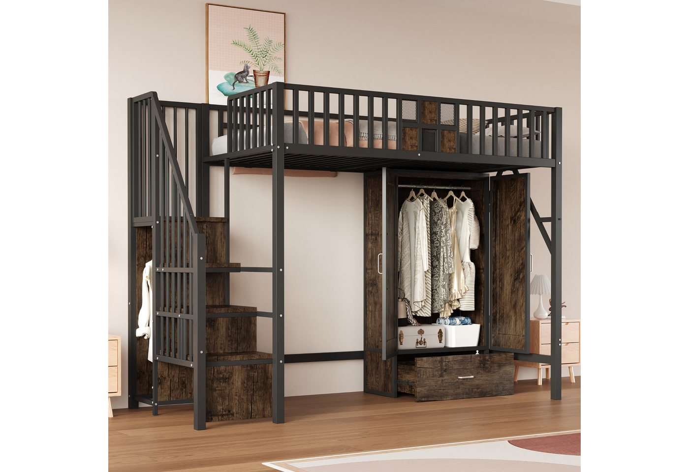KLAM HOME Hochbett Hochbett mit integriertem Kleiderschrank und Aufbewahrungsleiter (Innovatives Raumwunder mit markantem Holz-Metall-Design) Perfekte Schlaf- und Stauraumlösung für Teenager und Erwachsene von KLAM HOME