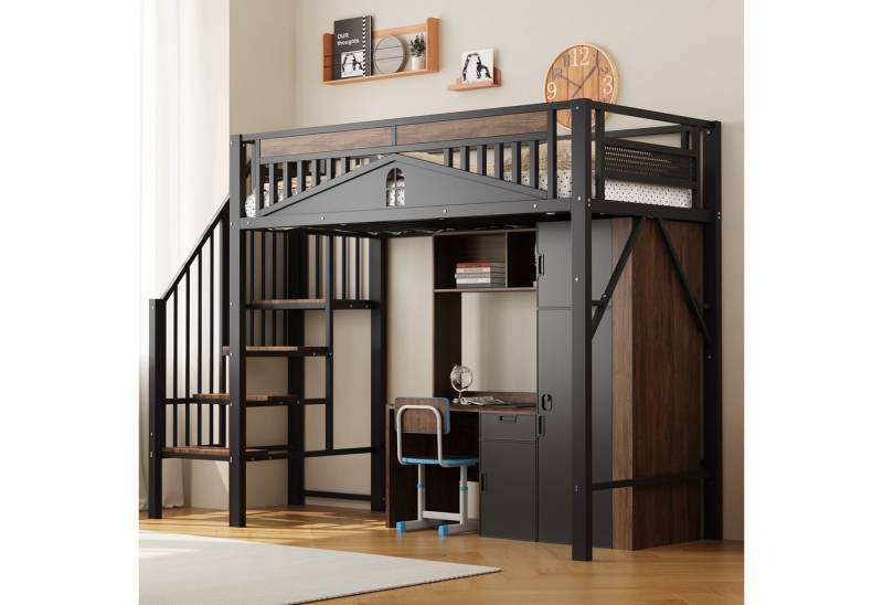 KLAM HOME Hochbett Metall-Hochbett 90 x 200 cm, mit Fenster, Treppe und Sicherheitszaun Genügend Platz unter dem Bett für freien Stoffbezug, Schwarz von KLAM HOME