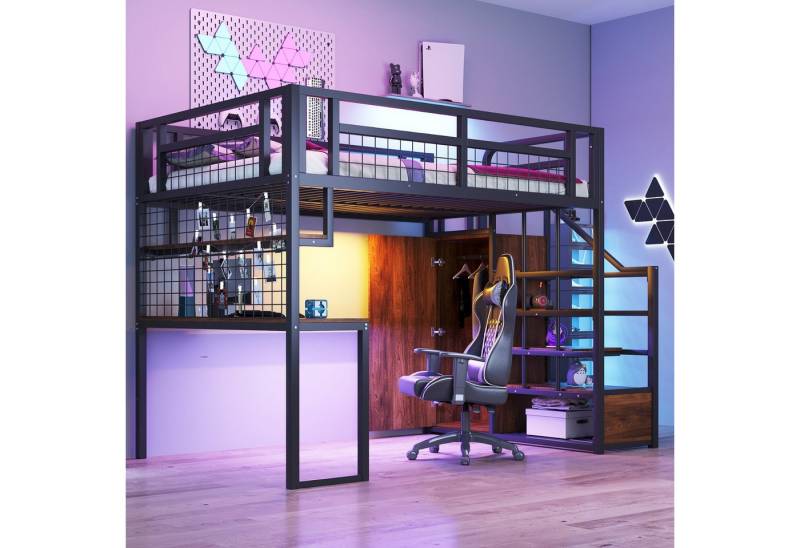 KLAM HOME Hochbett Metall-Hochbett Mit Aufbewahrungsleiter und Einfachem Kleiderschrank (140 x 200 cm Mit Ablage, Tisch und Netzregal) Stabiler Metallrahmen, Hochbett, Weiß von KLAM HOME