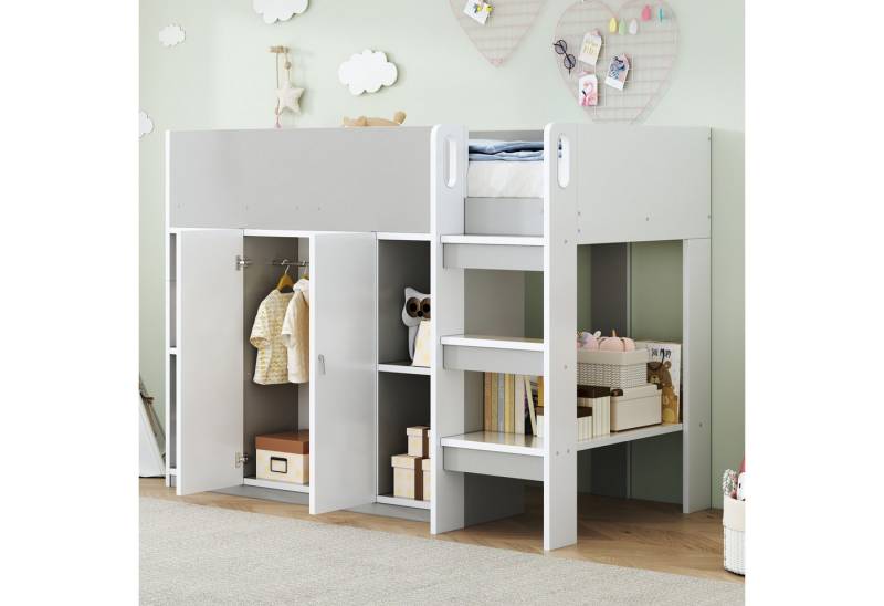 KLAM HOME Hochbett Multifunktionales Kinderbett 90*200 mit Stauraum, Schrank und Regalen (Stauraumbett mit Leiter und stabiler Konstruktion Weiß) ideal für Wohnzimmer, Kinderzimmer & Jugendzimmer von KLAM HOME
