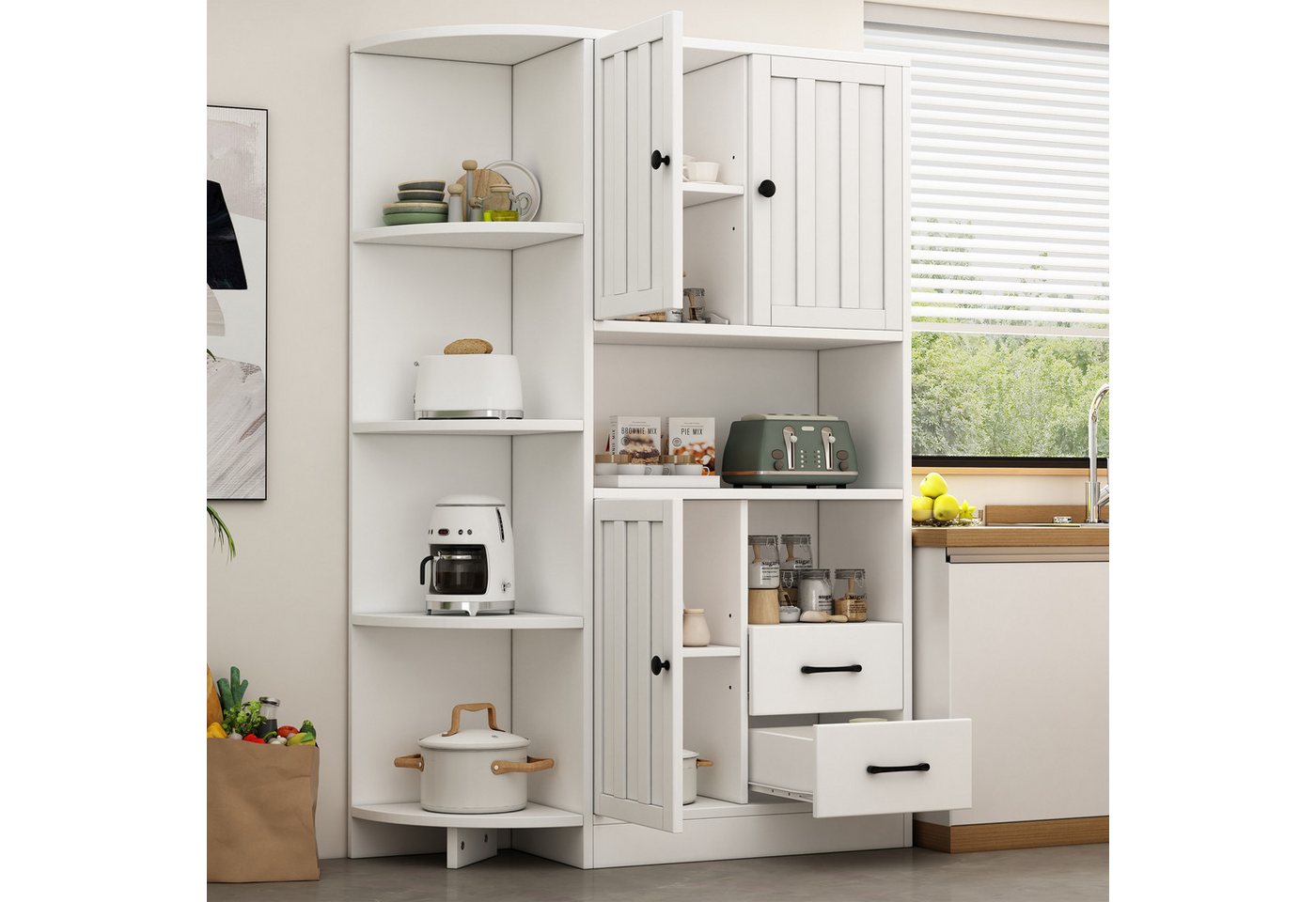 KLAM HOME Hochschrank 104*35*155cm Eckkleiderschränke, Wohnzimmer-Bücherregale, Weiß (Hochschränke und highboard mit 14 Lagerbereichen, Bücherregale) von KLAM HOME