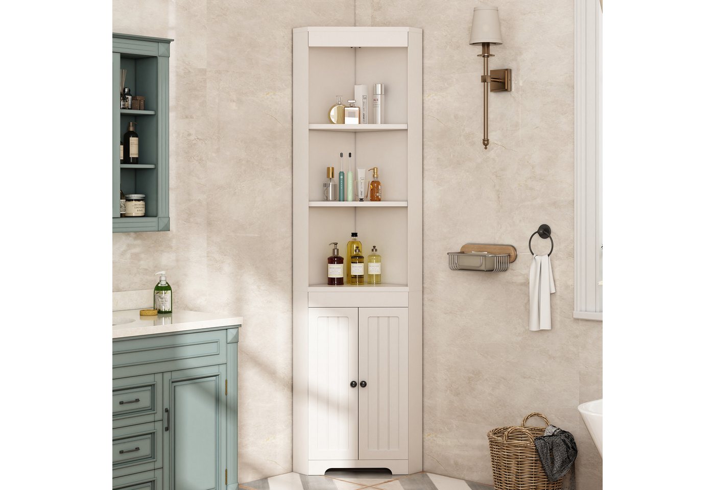 KLAM HOME Hochschrank Badezimmer-Hochschrank, Drei offene Ablagefächer (Feuchtigkeitsgeschützte Flügeltüren, Verschiebbare Einlegeböden) Schlichte Form, Platzsparend für Kleine Badezimmer von KLAM HOME