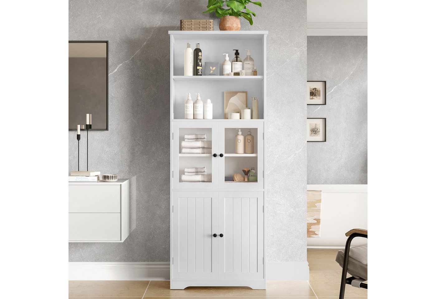 KLAM HOME Hochschrank Badezimmer-Hochschrank mit Stauraum, Volllackierung, Glasschranktür (Mit verstellbare Trennwände, einfache Textur, weiß) 57.4 x 28.5 x 160cm, olzschranktür, zwei offene Ablagefächer von KLAM HOME