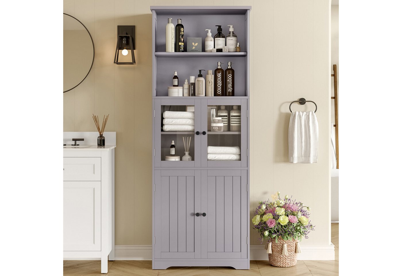 KLAM HOME Hochschrank Badezimmer-Hochschrank mit Stauraum, Volllackierung, Glasschranktür (Mit verstellbare Trennwände, einfache Textur, weiß) 57.4 x 28.5 x 160cm, olzschranktür, zwei offene Ablagefächer von KLAM HOME