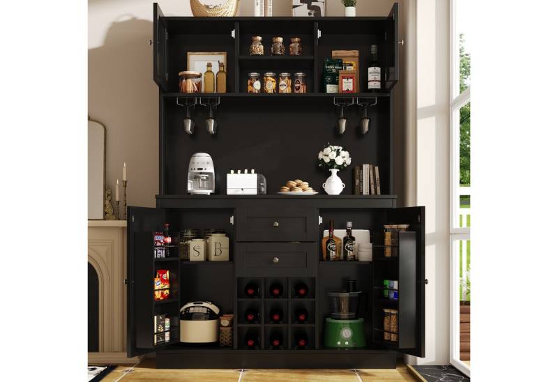 KLAM HOME Hochschrank Küchenschrank mit verstellbaren Ablagen & Weinregal (Hochschrank Küchenbuffet mit 4 Türen & 2 Schubladen) Sideboard für Küche & Wohnzimmer, Buffetschrank, Schwarz von KLAM HOME
