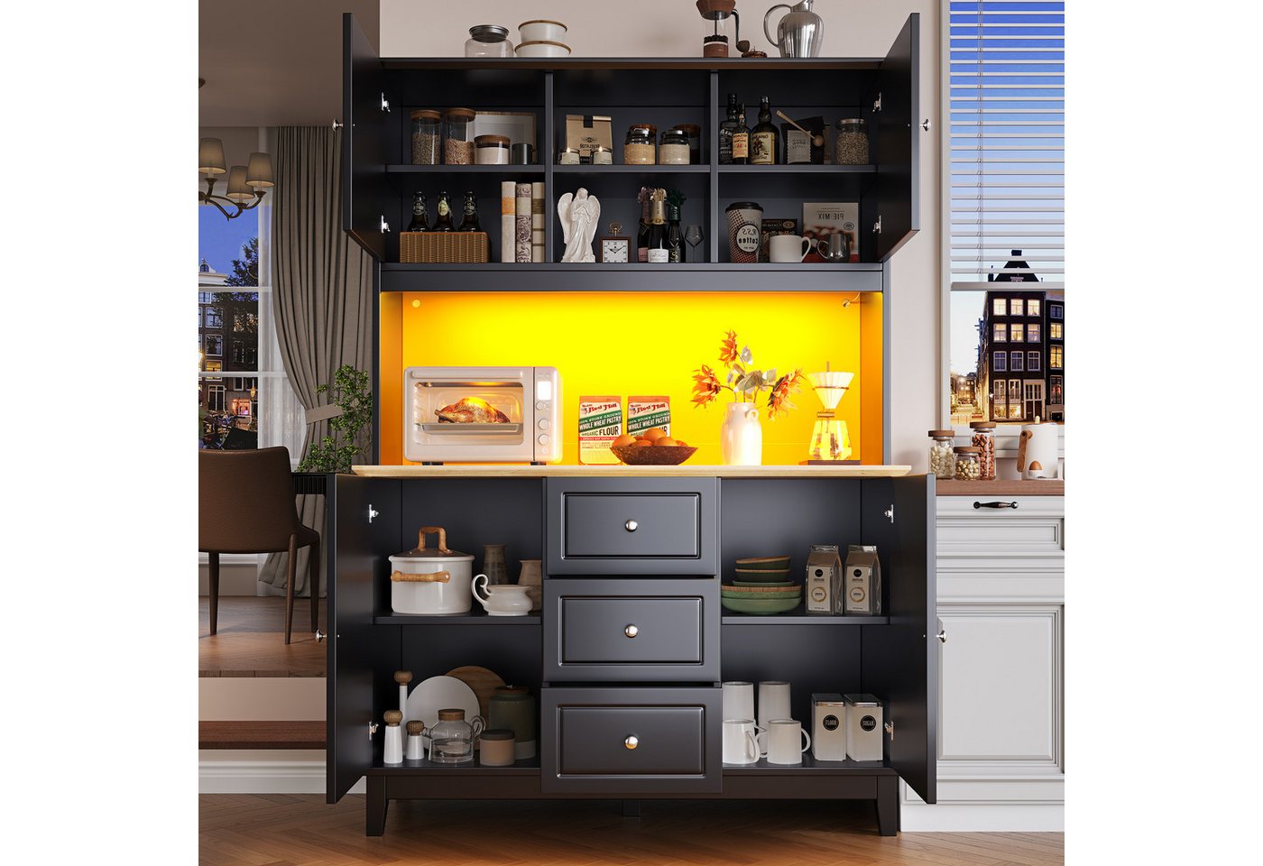 KLAM HOME Hochschrank Moderner Hochschrank mit LED-Beleuchtung und App-Steuerung (Intelligenter Wohnzimmerschrank mit 4 Türen & 3 Schubladen) Musikreaktive Vitrine mit Kippschutz und USB-Ladefunktion von KLAM HOME