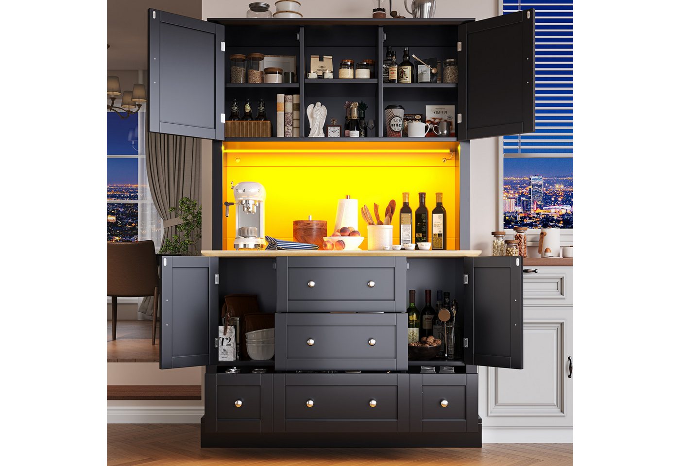 KLAM HOME Hochschrank Moderner Hochschrank mit LED-Beleuchtung und App-Steuerung (Intelligenter Wohnzimmerschrank mit 4 Türen & 3 Schubladen) Musikreaktive Vitrine mit Kippschutz und USB-Ladefunktion von KLAM HOME