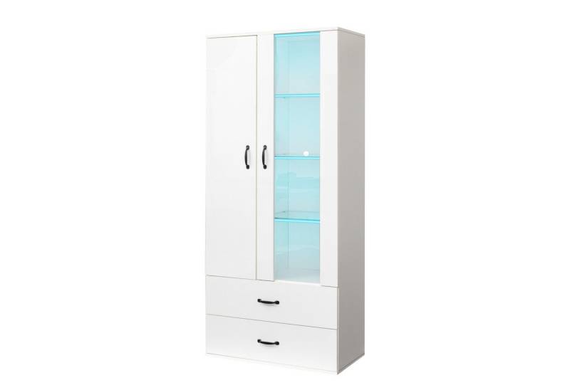 KLAM HOME Hochschrank Vitrine mit 16-farbiger LED-Beleuchtung Freistehender Buffetschrank 2-türige Standvitrine Hochregal mit transparenter Tür von KLAM HOME