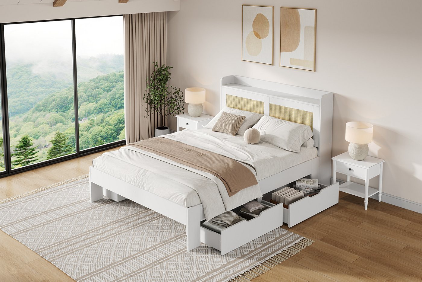 KLAM HOME Holzbett Stauraumbett Massivholzbett 140x200cm mit Rattan-Dekor, 4 Schubladen (Doppelbett, Funktionsbett,1-tlg.,ohne Matratze), für Erwachsene und Jugendliche geeignet, weiß von KLAM HOME