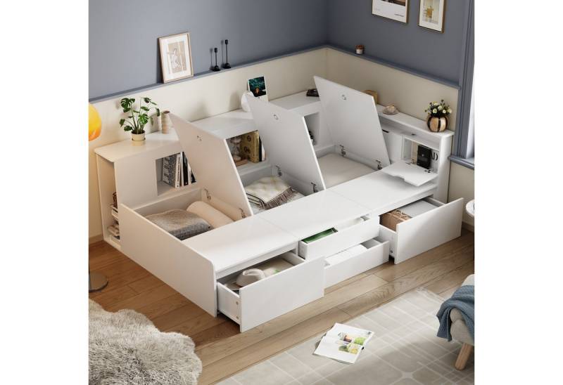 KLAM HOME Kinderbett 90*200cm, Einzelbett, Multifunktionales Kinderbett mit Schubladen, Bücherregal und Stauschrank, Bettkasten mit Stauraum, ohne Matratze von KLAM HOME